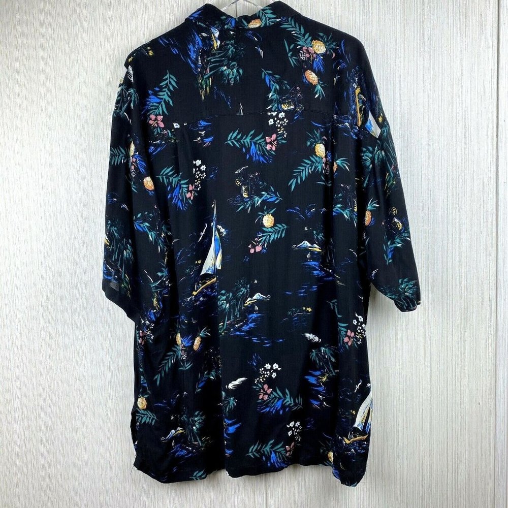 PIneapple Moon Mens XL Black Floral Print Aloha Hawaiian Camp Shirt Short Sleeve